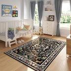 Rugcomf 9x12 Area Rugs for Living Room Washable Rug Floral Non-Slip Large Rug for Living Room, Bedroom, Farmhouse, Dining Room, Kids Playroom (Vibrant Black)