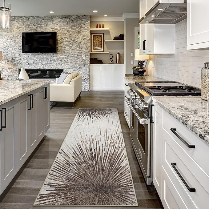Lahome Modern 2.5x8 Washable Runner Rug, Non-Slip Stain Resistant Ultra-Thin Kitchen Hallway Runner, Abstract Print Carpet Rug for Hallway Bedroom Laundry - Brown/Gray