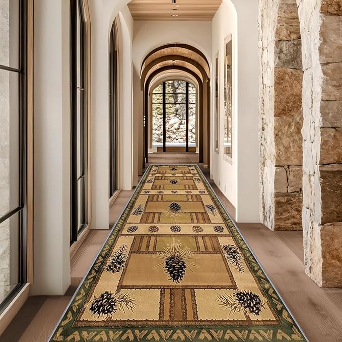 Pinecone Runner Rug, 2x6ft Rustic Country Style Hallway Runner Rug - Corridor & Foyer Area Rugs, Washable Non-Slip Mat, Country Home Decor Carpet for Indoor Living Room Hallway Spaces