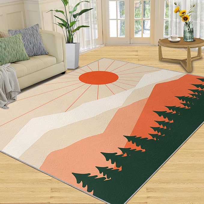 Boho Sun Runner Rugs 3x6ft, Minimalist Mountain Bedside Rug, Abstraction Deco Laundry Rug with Non Slip Backing for Bedroom Kitchen Sink Front Door Entryway Indoor