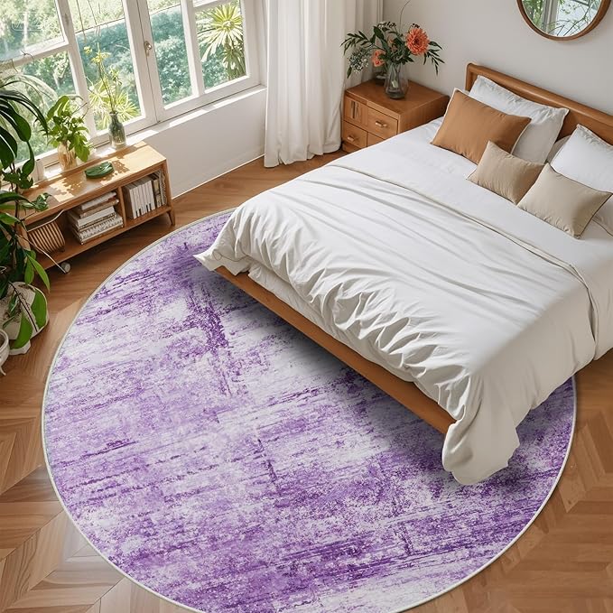 Round 5ft Abstract Rug, Modern Washable Indoor Circle Area Rugs for Living Room, Soft Circular Non-Slip Carpet Floor Mat for Entryway Dining Room Home Office - Abstract Purple