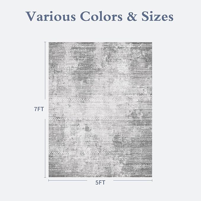 5x7 Area Rugs for Living Room Non Slip Machine Washable Rug Distressed Abstract Soft Indoor Carpet Neutral Boho Rug for Bedroom Dining Room Playroom Office, Grey