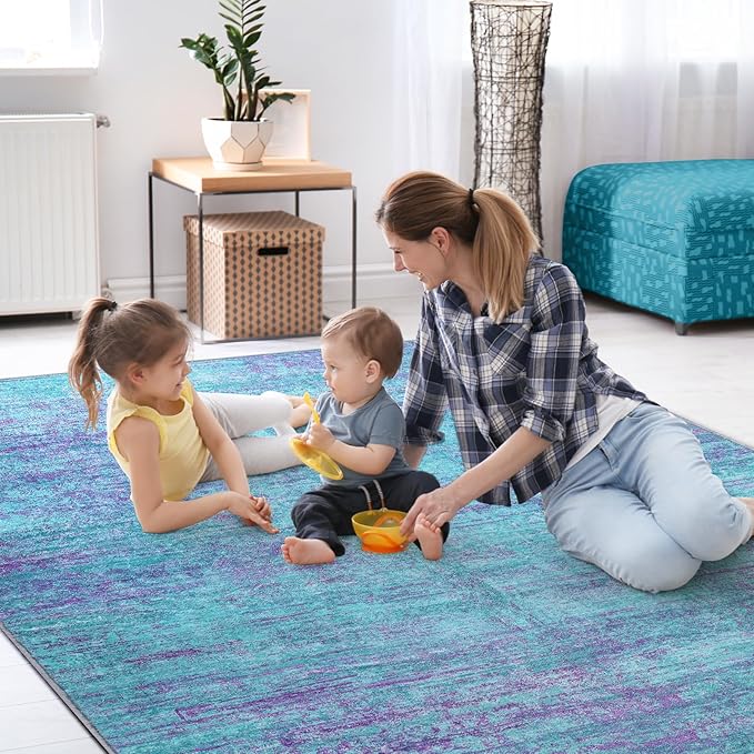 Abstract 5x7 Area Rug, Modern Teal Purple Throw Rugs for Living Room, Washable Soft Large Non-Slip Accent Carpet Floor Mat for Dining Room Office Bedroom - Teal+Purple