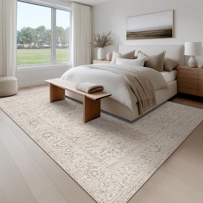 Fmfunctex 9x12 Washable Area Rug Beige Vintage Neutral Distressed Oriental Large Non Slip Carpet for Living Room Bedroom Soft Low Pile Indoor Mat Retro Throw Rug for Dining Room Kitchen Office Nursery