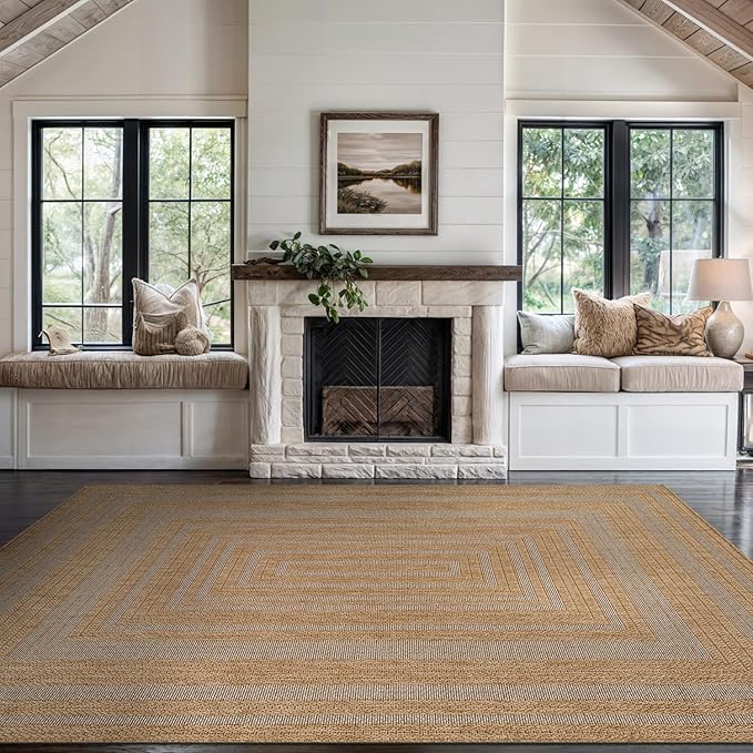 Beverly Rug Easy Jute Framed Border Rug 9x12 Washable Large Indoor Outdoor Area Rugs for Living Dining Room Patio Office Stain Resistant Non Shedding Casual Indoor Outside Carpet 9 x 12 Natural