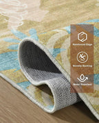 Washable Abstract Rug, 8x10 Willow Green and Blue Floral Area Rugs with Non-Slip Rubber Backed for Living Room, Low Pile Modern Throw Carpet Bedroom Dining Room Decor