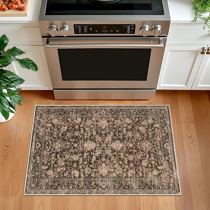 KILOCOCO Small Area Rug 2x3 Entryway Rugs Washable Rug Printed Vintage Floral Non-Slip Kitchen Rug Indoor Door Mat, Accent Throw Small Rugs for Laundry Room Bedroom Entrance, Rust Brown Red