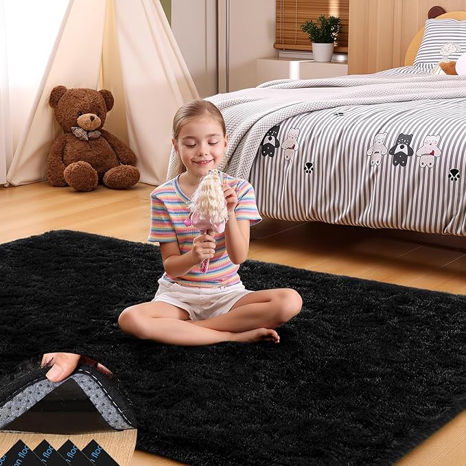 4x6 Black Rug for Bedroom Living Room, Fluffy Small Area Rug Soft Shag Carpet for Kids Boys and Girls Room with 4 Rugs Non-Slip Stickers Dorm Home Decor (4ft x 6ft)