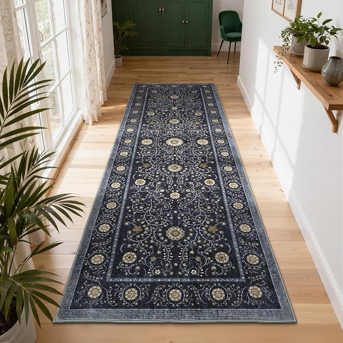 GarveeHome Boho 2x6 Runner Rug for Hallways Non Slip, Vintage Botanical Kitchen Rugs Washable Area Rug for Entryway Stain Resistant, Low Pile Soft Runner Blue Carpet for Bedroom Floor Laundry Room