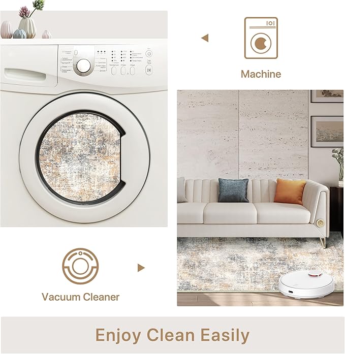 Bavni 9x12 Area Rugs Machine Washable Rug for Living Room, Modern Printed Rug Indoor Soft Area Rug for Bedroom Dining Room, Ultra-Thin Low Pile Carpet with Non Slip Rubber Backing, Beige Gray