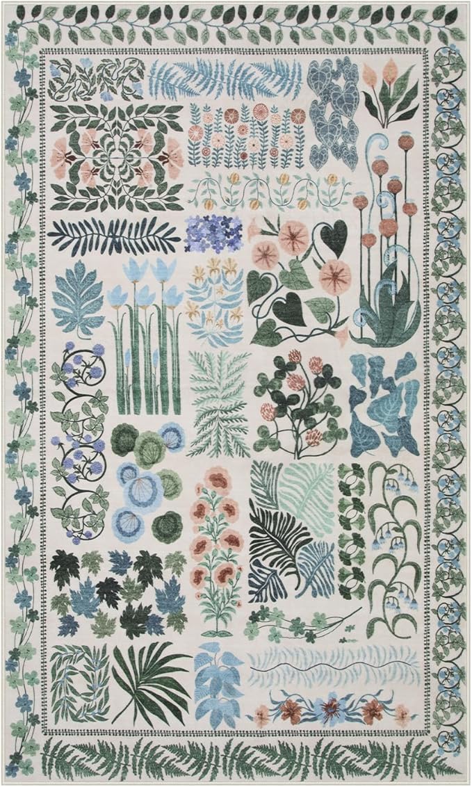 Floral Boho Beige Washable 3x5 Bathroom Entrance Rugs Indoor, Non Slip Flower Botanical Area Rugs for Kitchen Floor Soft Throw Carpet for Laundry Living Room Entrance (Beige,3 x 5)