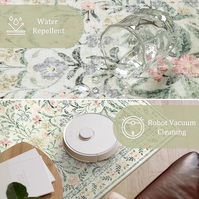 Morebes Floral Machine Washable Area Rugs 5x7, Vintage Boho Nursery Rug Girl Non-Slip, Flower Indoor Floor Throw Carpet for Living Room Bedroom Kitchen Playroom Home, White/Multi