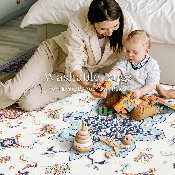 Phantoscope Washable Area Rug 6'x9' Non-Slip, Vintage Boho Rugs for Living Room, Bedroom, Dining Room, Medallion Persian Symmetrical Pattern, Low-Pile Foldable Floor Carpet, Ivory Blue/Orange