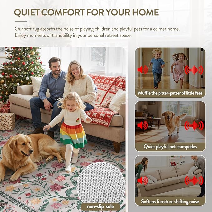 Wonnitar Christmas Rugs for Living Room, Christmas Decor 5x7 Washable Area Rug, Ultra-Thin Red Floral Holly Print Holiday Xmas Decor Non Slip Winter Carpet for Kids Room Bedroom Dining Room