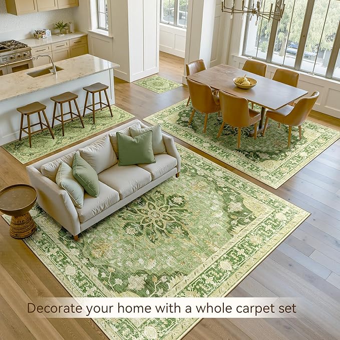 Area Rugs 2'x8' Washable Non-Slip, Floral Vintage Distress Print Pattern Medallion Carpet for Living Room Bedroom Dining Room, Sage Green Yellow