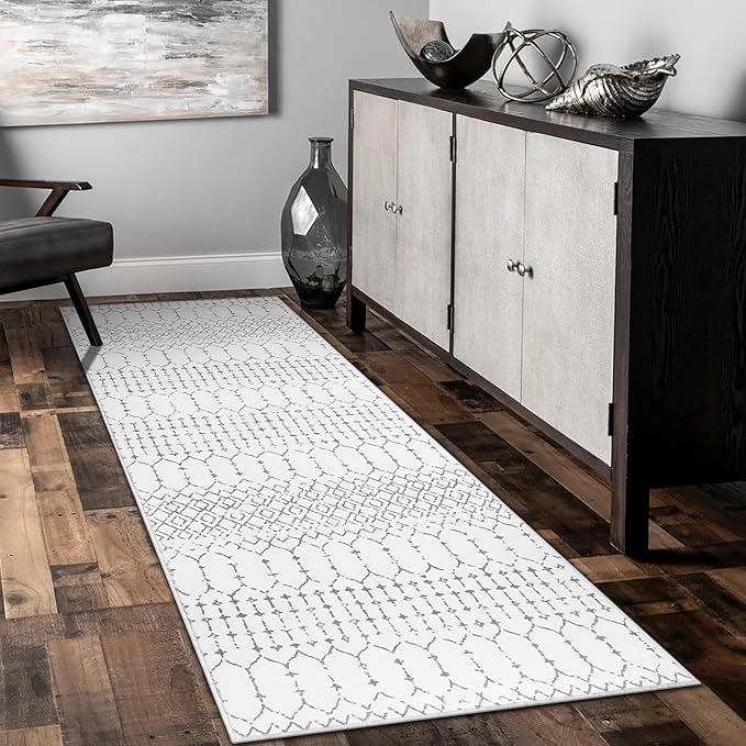 Lahome Moroccan Kitchen Runner Rug - 2x8 Non-Slip Washable Hallway Rug Runner Ultra-Thin Soft Throw Bathroom White Print Distressed Carpet for Entryway Laundry Room Living Room