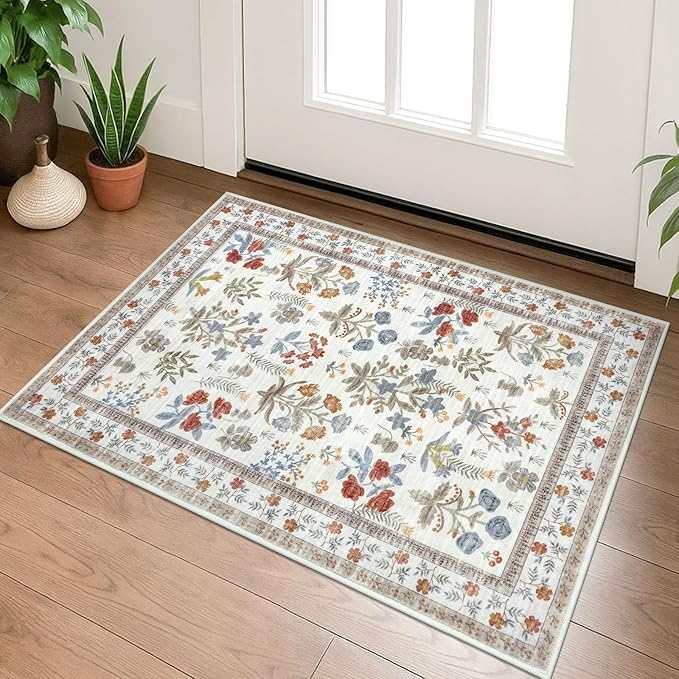 Boho Entryway Rug 2x3 Washable, Ivory Floral Kitchen Rug, Super Thin Faux Wool Small Area Rug, Non-Slip Soft Carpet for Foyer, Bedroom, Office