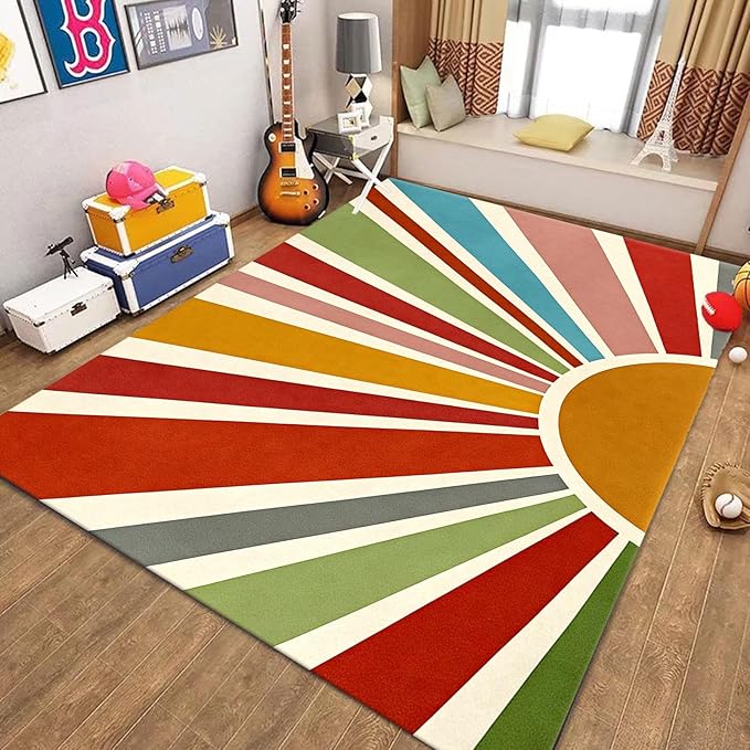 Rainbow Sun Area Rug,4x6ft,Medieval Vintage Geometric Rugs,Boho Style Bedroom Decor Rug Soft Machine Washable Carpet for Indoor Bedroom Living Room Office Decor
