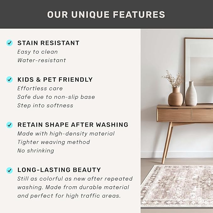 Boho Long Bathroom Runner Rug 24 x 72 Washable Non Slip - Soft Stain Reistant Rugs for Kitchen, Laundry Room, Hallway Runner - Neutral Floral Design Décor (2x6 Beige/Latte)
