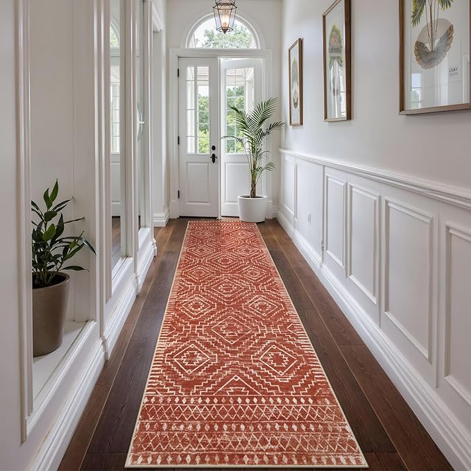 Wonnitar Moroccan Runner Rug, Washable 2'6"x10' Long Runner Rug for Hallway, Boho Farmhouse Non-Skid Kitchen Bathroom Runner Soft Low Pile Carpet for Entryway Laundry Living Room (Brown,2'6"x10')