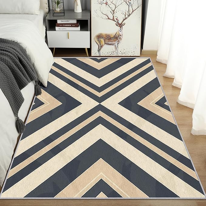 Modern Geometric Rug, Washable 5x8 Rug for Living Room, Herringbone Chevron Patterned Indoor Carpet, Modern Geometric Decor for Home, Bedroom, Soft Non Slip Thin Design FER79