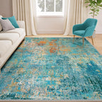 Washable Area Rugs 6'x8' Non-Slip Modern Abstract Soft for Living Room Entryway Bedroom Nursery, Print Pattern, Teal Blue Green Orange Rust Red Colorful
