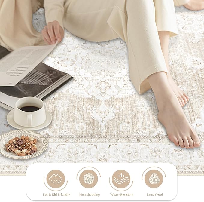 Area Rug 4x6 Entryway Rugs - Machine Washable Vintage Boho Area Rug Non-Slip Bedroom Rugs Soft Stain Resistant Living Room Carpet, Oriental Distressed Rug for Dining Room Nursery(Boho Beige, 4'x6')