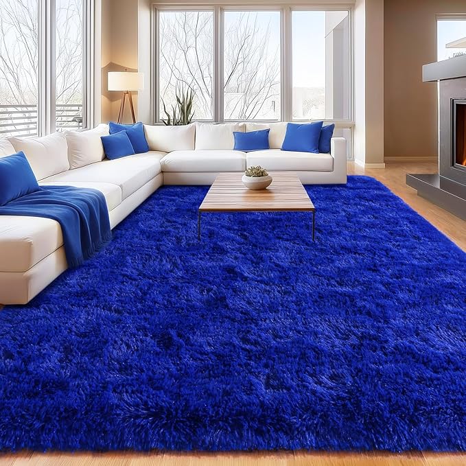 Extra Large 9x12 Feet Fuzzy Rug Blue Fluffy Rug for Living Room, Big Plush Non-Skid Shag Carpet, Soft Shaggy Rugs for Bedroom Indoor Modern Home Decor
