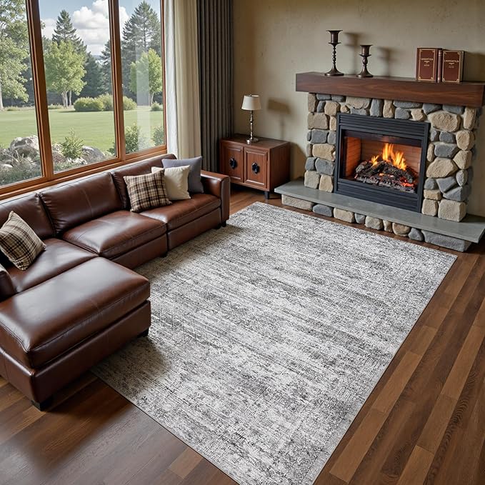 9x12 Area Rug Living Room Rugs - Washable Neutral Modern Abstract Soft Thin Rug Indoor Floor No Slip Rug Carpet for Bedroom Under Dining Table Home Office Decor - Light Gray