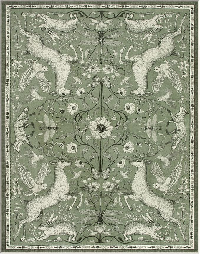 Lahome Boho Animal Washable Rugs for Living Room 8x10, Green Soft Rugs for Bedroom, Botanical Large Boho Non Slip Dining Room Carpet for Under Table Office Kids Playroom (8x10ft,Green)