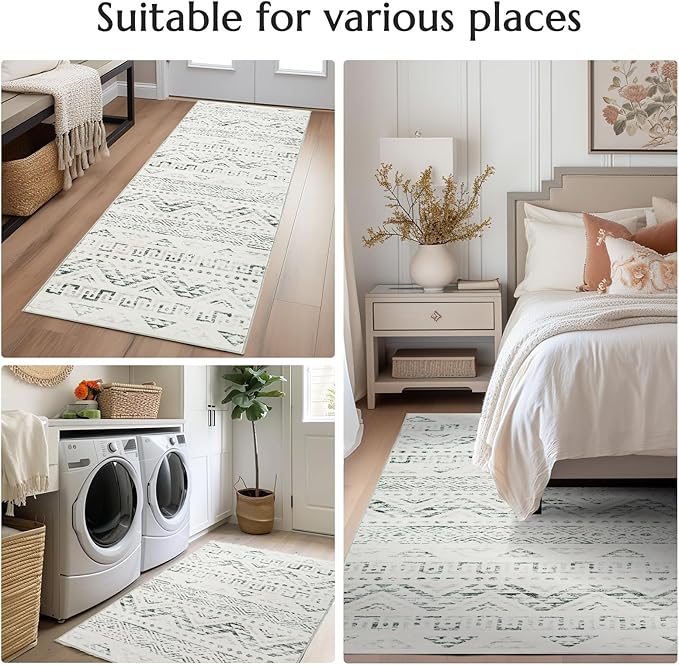jinchan Boho 5x7 Neutral Area Rugs for Bedroom - Machine Washable Moroccan Soft Throw Rug Bohemian Diamond Design Non-Slip Carpet for Living Room Kitchen Dining Room Nursery (5‘x7', Charcoal)