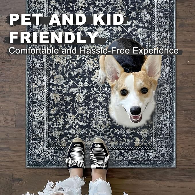 KILOCOCO Area Rug 4x6 Entryway Rug Washable Printed Vintage Floral Rubber Backed Non Slip Indoor Kitchen Rugs for Laundry Room Playroom Bedroom Living Room Moroccan Area Rugs, Navy/Charcoal