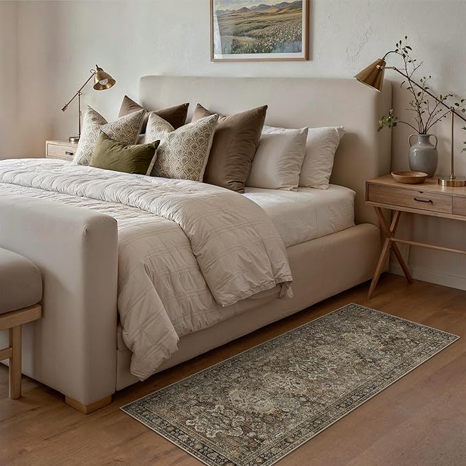 Bavni Washable Runner Rug 2x5, Non Slip Vintage Hallway Runner, Ultra Thin Low Pile Washable Carpet for Kitchen Entryway Bedroom, Brown