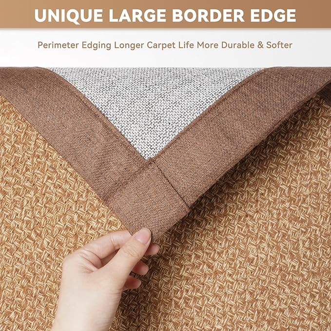 Washable Area Rug 6x9 Large Jute Like Rug for Living Room, Soft Non Slip Rugs Carpet for Dining Room Bedroom Cotton Boho Woven Braided Rugs Home Office Decor, Brown