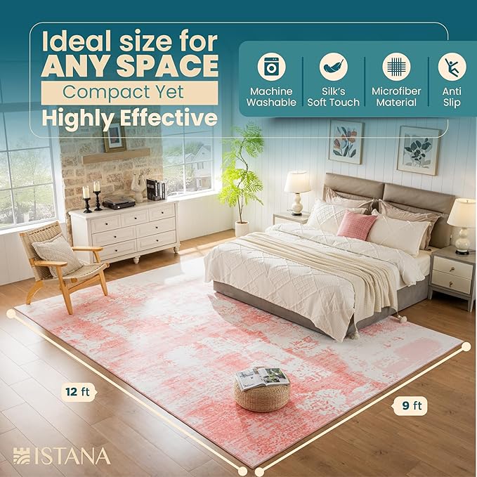 Istana 9x12 Area Rug - Pink 9 x 12 Area Rugs for Living Room - Foldable 9x12 Rugs for Bedroom/Living Room Rug - Stain Resistant Washable Rugs - Eco-Friendly Area Rugs