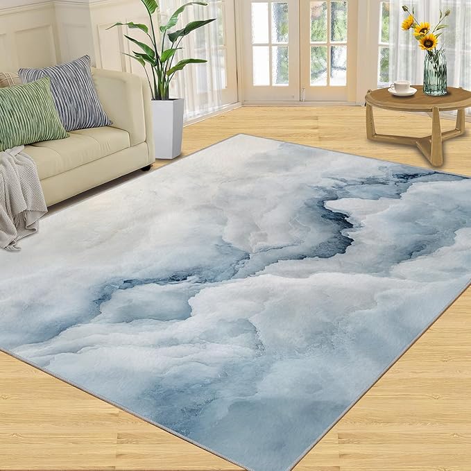 Modern Simple Art Rugs for Bedroom - 5x7 Area Rug - 3D Cloud Marble Rugs for Living Room, Abstract Mist Marble Rug, Washable Home Decor Carpet