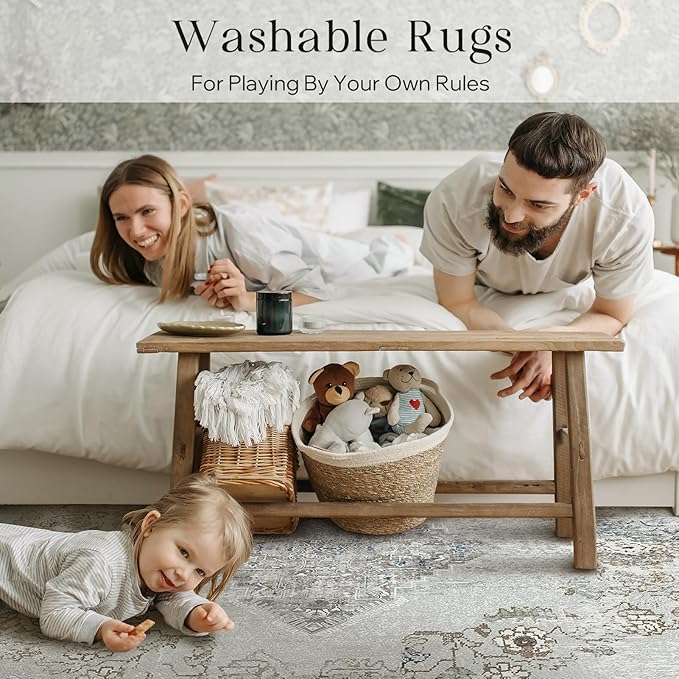 Phantoscope Washable Area Rug 9'x12' Non-Slip, Vintage Neutral Rugs for Living Room, Bedroom, Dining Room, Distressed Boho Medallion Pattern, Low-Pile Foldable Floor Carpet, Silver Grey/Taupe