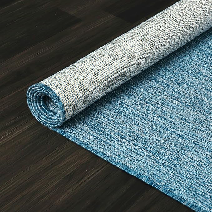 Beverly Rug Indoor Outdoor Rug 6x9, Washable Outside Carpet for Patio, Deck, Porch, Solid Modern Area Rug, Water Resistant, Aqua Blue