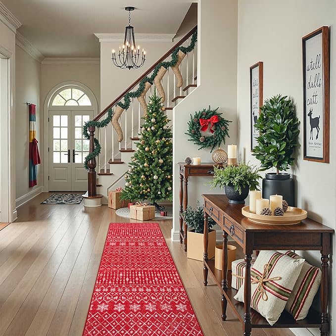 Lahome Christmas Runner Rug 2x6 for Hallway Red Non Slip Washable Low Pile Carpet Moroccan Snowflake Throw Rug Runner for Kitchen Entryway Laundry Bathroom Narrow Space Xmas Holiday Decor