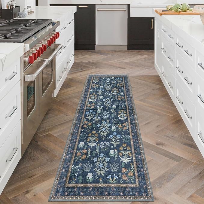 Boho Floral Machine Washable Runner Rug 2x6, Navy Kitchen Runner Rug Non-Slip, Super Thin Hallway Rug Runner Printed Faux Wool Soft Carpet for Entryway Bedroom Laundry Room Indoor