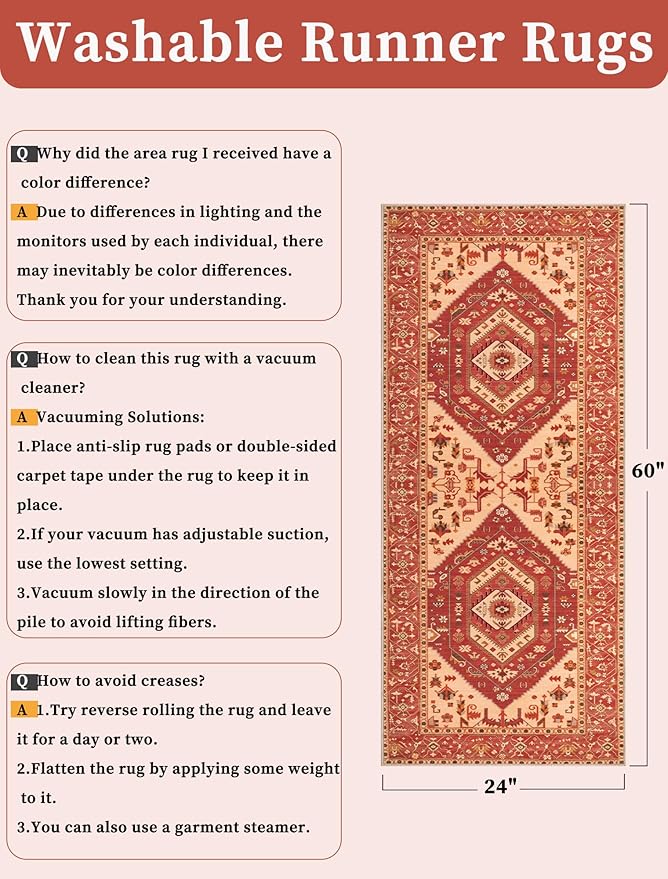 SERISSA Boho Washable Runner Rug, 2x5 Rug Runner Non-Slip Vintage Red Beige Hallway Kitchen Runner Rug Ultra Soft Print Distressed Floor Carpet Runner for Bedroom Bathroom Laundry Living Room