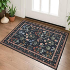 Boho Entryway Rug 2x3 Washable, Black Navy Floral Kitchen Rug, Super Thin Faux Wool Small Area Rug, Non-Slip Soft Carpet for Foyer, Bedroom, Office