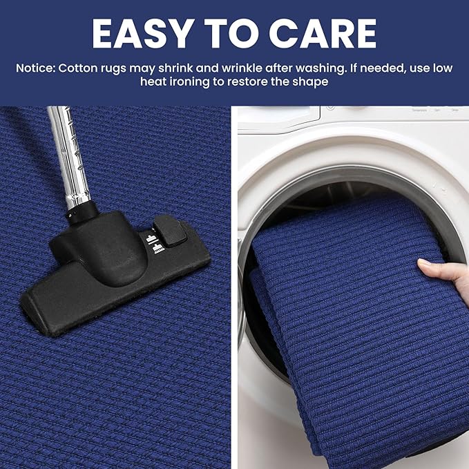 IOHOUZE Washable Runner Rug 2.6x10 Non Slip Rubber Backed Long Hallway Runner Entryway Runner Indoor, Kitchen Rugs Woven Cotton Floor Carpet for Hall Entrance, Royal Blue/Navy