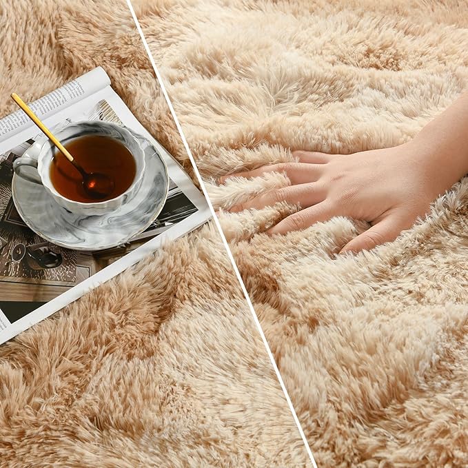 Large Shag Area Rugs 9 x 12, Tie-Dyed Plush Fuzzy Rugs for Living Room, Ultra Soft Fluffy Furry Rug for Bedroom, Indoor Carpet Nursery Rugs for Kids Room Home Decor, Beige