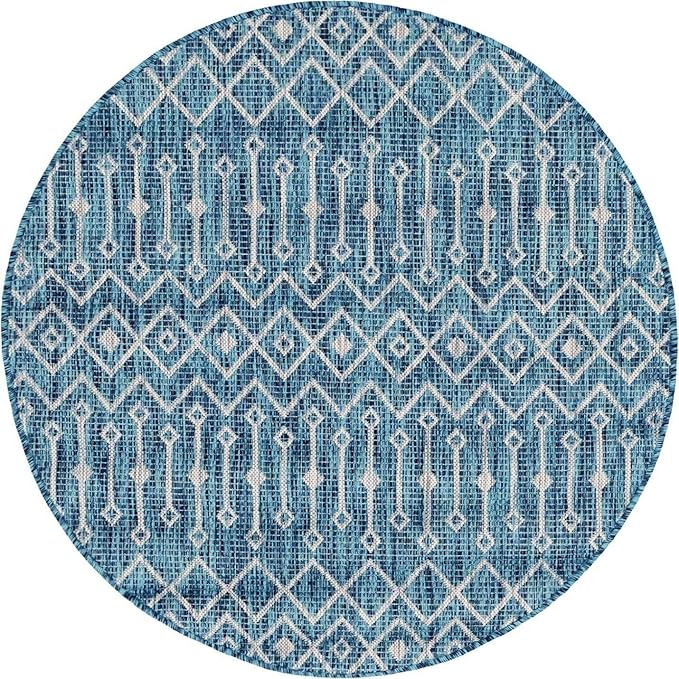Unique Loom Outdoor Trellis Collection Area Rug - Tribal Trellis (5' 3" Round, Teal/ Ivory)