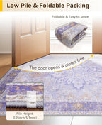 Area Rugs 6'x9' Washable Non-Slip, Floral Vintage Distress Print Pattern Medallion Carpet for Living Room Bedroom Dining Room, Light Purple Brown