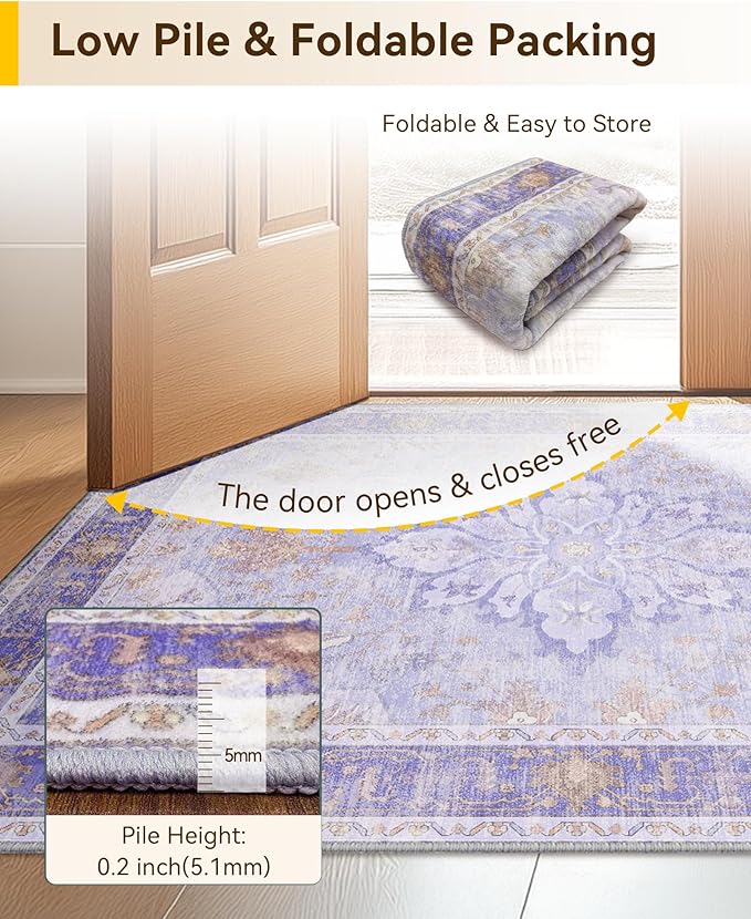 Area Rugs 2'x6' Washable Non-Slip, Floral Vintage Distress Print Pattern Medallion Carpet for Living Room Bedroom Dining Room, Light Purple Brown