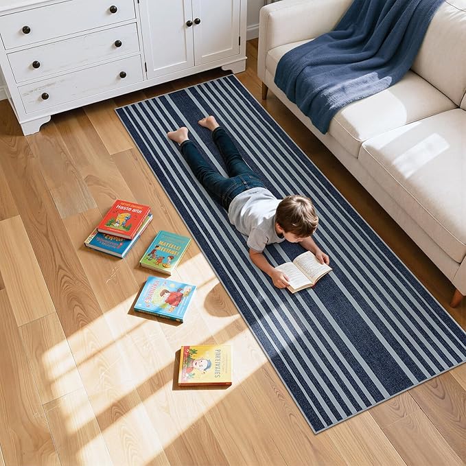 Beeiva Striped Blue Runners for Hallways, 2.5x8 Washable Bathroom Runner with Rubber Backed, Non Slip Soft Low Pile Indoor Floor Carpet for Kitchen Bedroom Porch High Traffic Areas