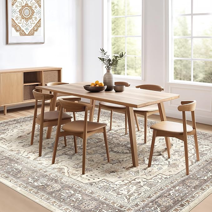 7x10 Area Rug Living Room: Washable Boho Large Neutral Vintage Soft Rugs Stain Resistant Farmhouse Non-Slip Indoor Floor Carpet for Bedroom Nursery Kids Playroom Office Dining Room- Beige Brown