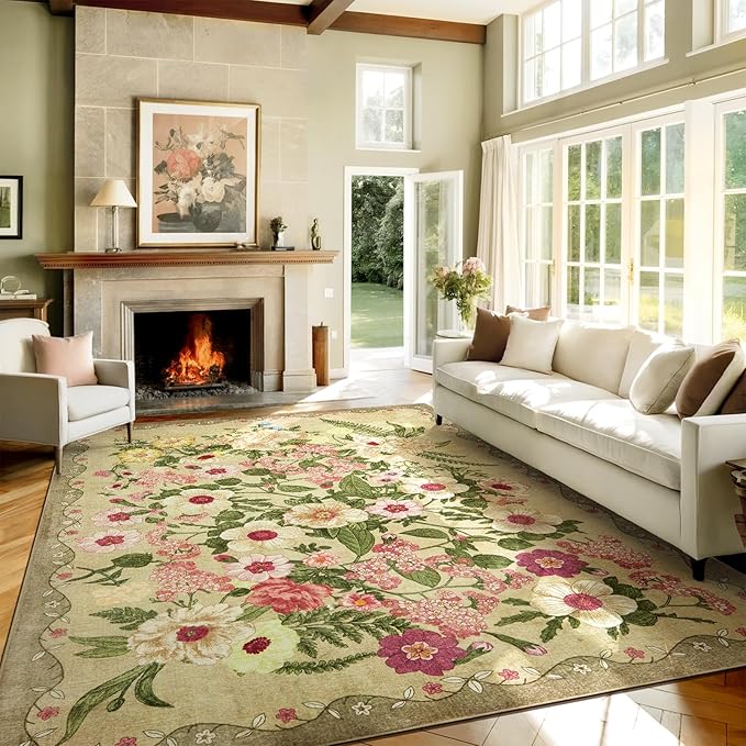 Floral Area Rug Living Room - 8x10 Washable Rugs Low Pile Non-Slip Soft Bedroom Rugs Under Bed Stain Resistant Accent Indoor Vintage Carpet for Dining Room Nursery Home Office Decor, Brown